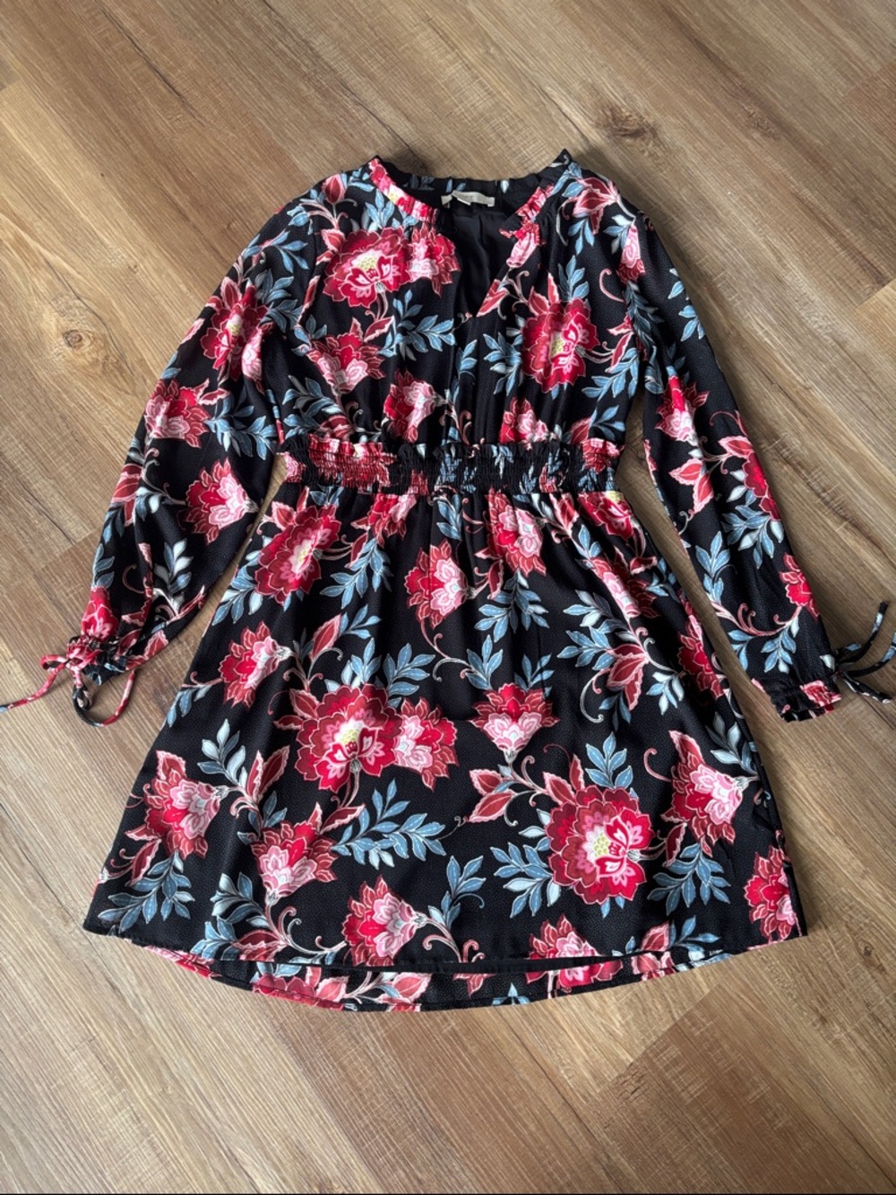 LOFT Black Floral Long Sleeve Dress with Pink & Blue Flowers